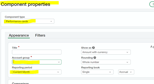 Displaying account groups in dashboards using performance cards