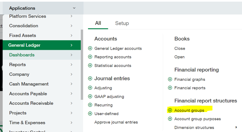 Navigation Menu -  Applications - General Ledger - Financial report structures - Account groups-1