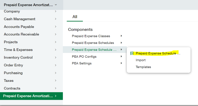 Navigation Menu Prepaid Expense Schedule Entries (6-1)