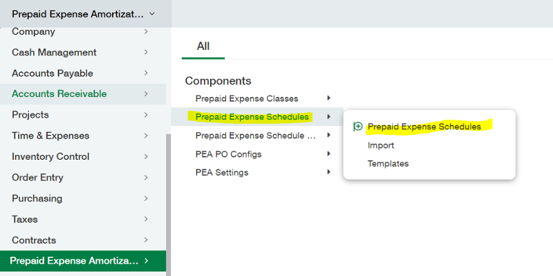 Navigation Menu Prepaid Expense Schedules (3-1)