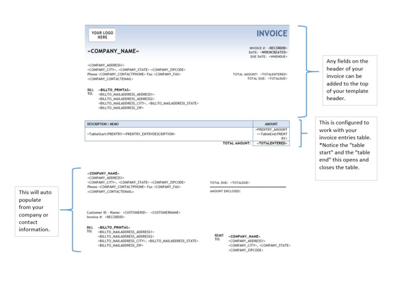 Screenshot of printed invoice used from a dynamic template