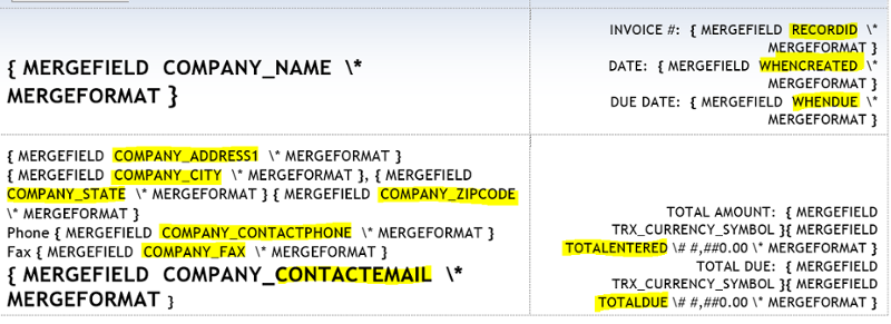 View of merged fields in invoice screenshot-1