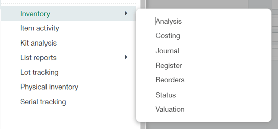 Inventory Report Menu including analysis, costing, journal, register, reorders, status, valuation