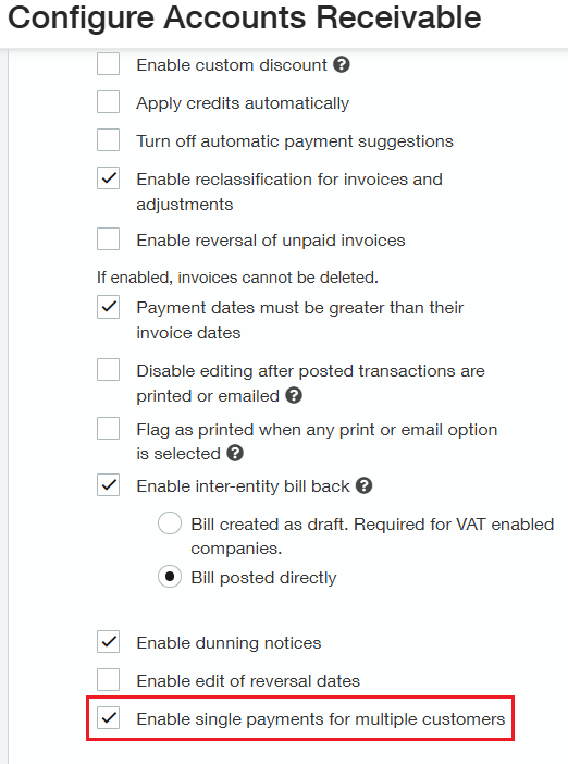 Configure Accounts Receivable - Enable single payments for multiple customers